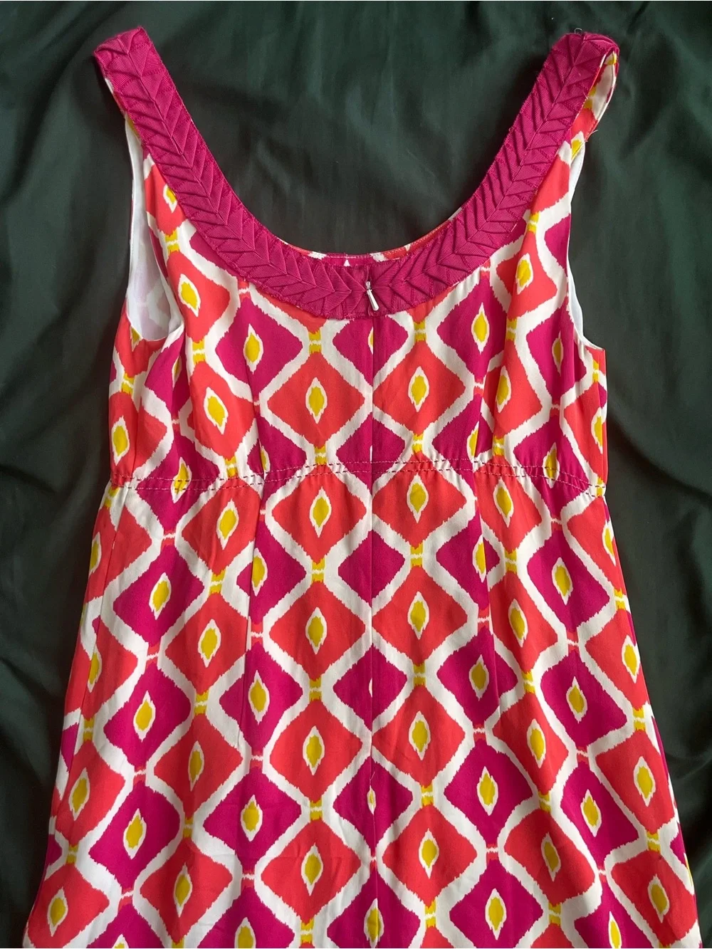 Tory Burch Summer Fuchsia-Red-White-Yellow Geometric Silk Dress with neck trim 4